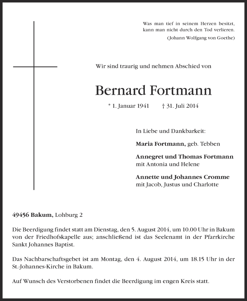 Traueranzeigen Von Bernard Fortmann Om Trauer De